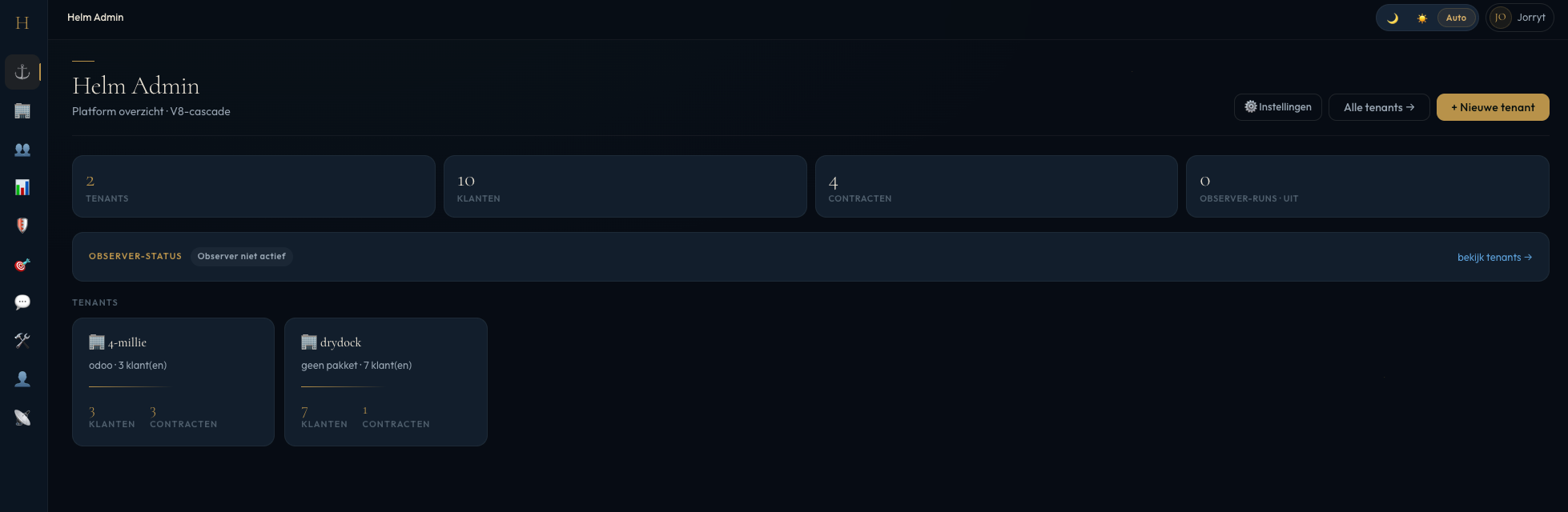 Helm-platform — admin-dashboard met tenants, klanten en contracten